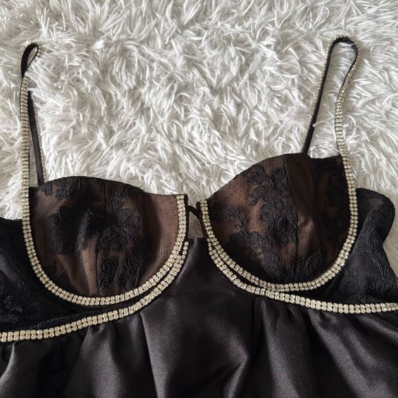 NWT Self-Portrait Black Taffeta Diamante Mini Dress with Lace Trim Size 10 - Picture 15 of 15